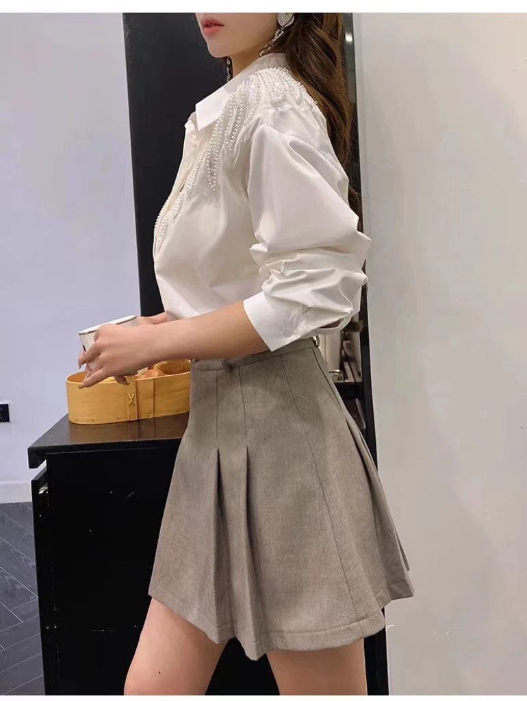 New In 2024 Autumn Beading Sequined Stitch White Cotton Shirts For Women Buttons Up Loose Casual Blouse Woman Top Blusas Clothes