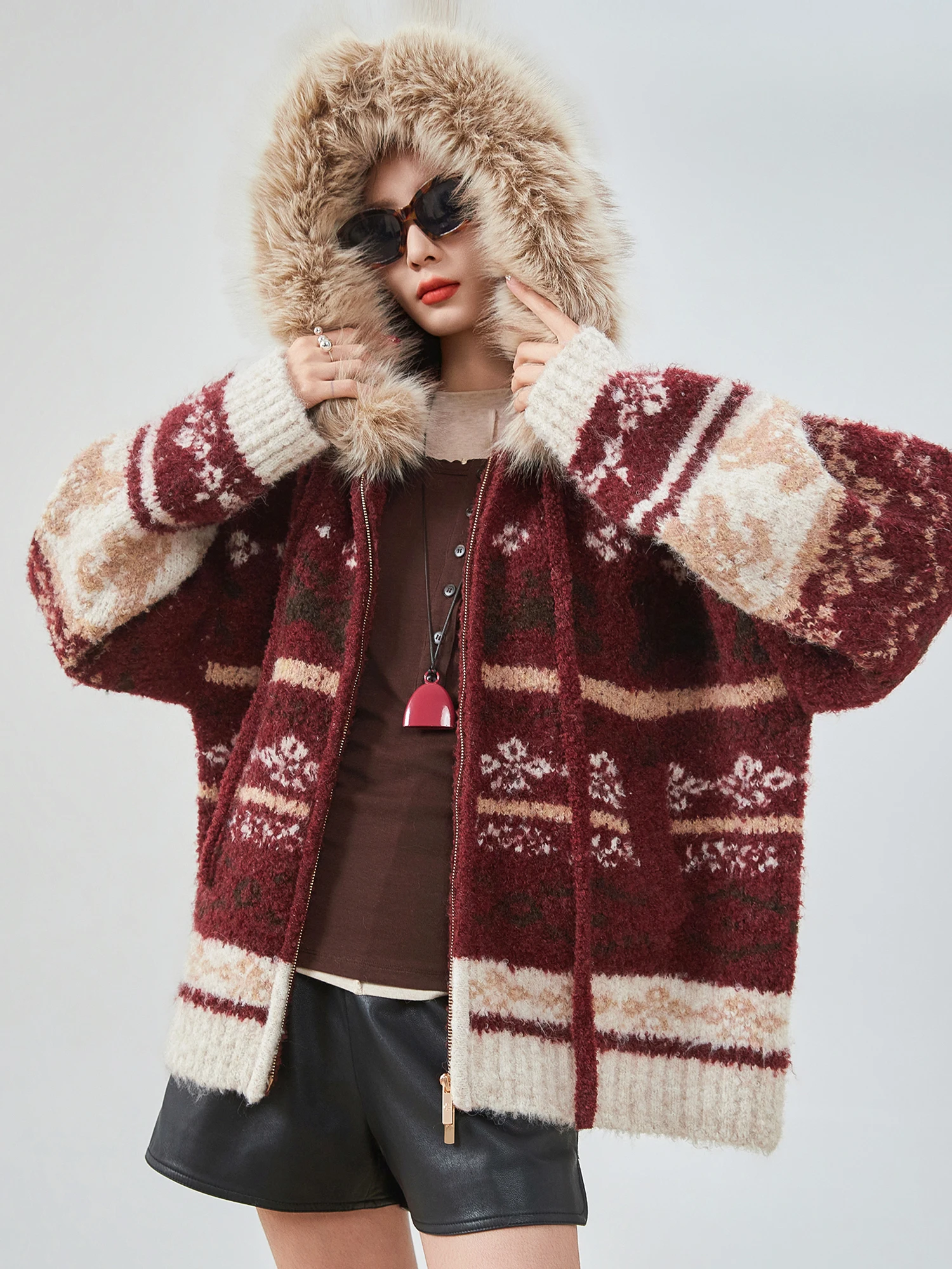 

Cisas Aosphere Detachable Fur Collar Fair Isle Knitted Sweater Coat Women Loose Lazy Thiened Hooded Open Cardigan
