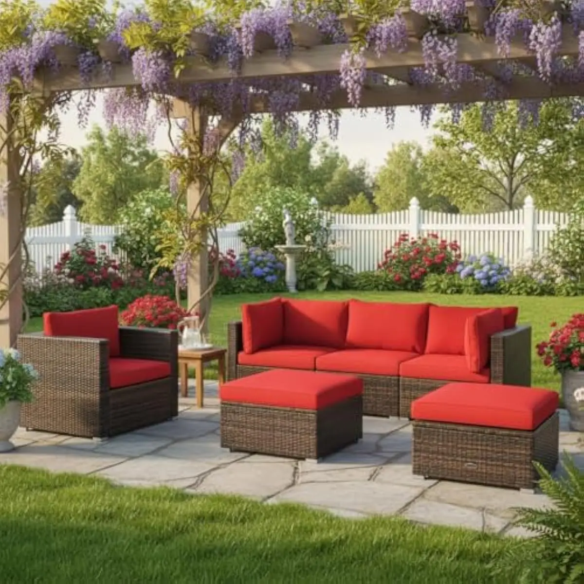 6-Piece L-Shaped Outdoor Seating Ensemble Featuring PE Wicker Construction Steel Frame Tempered Glass Table Option Removable Was