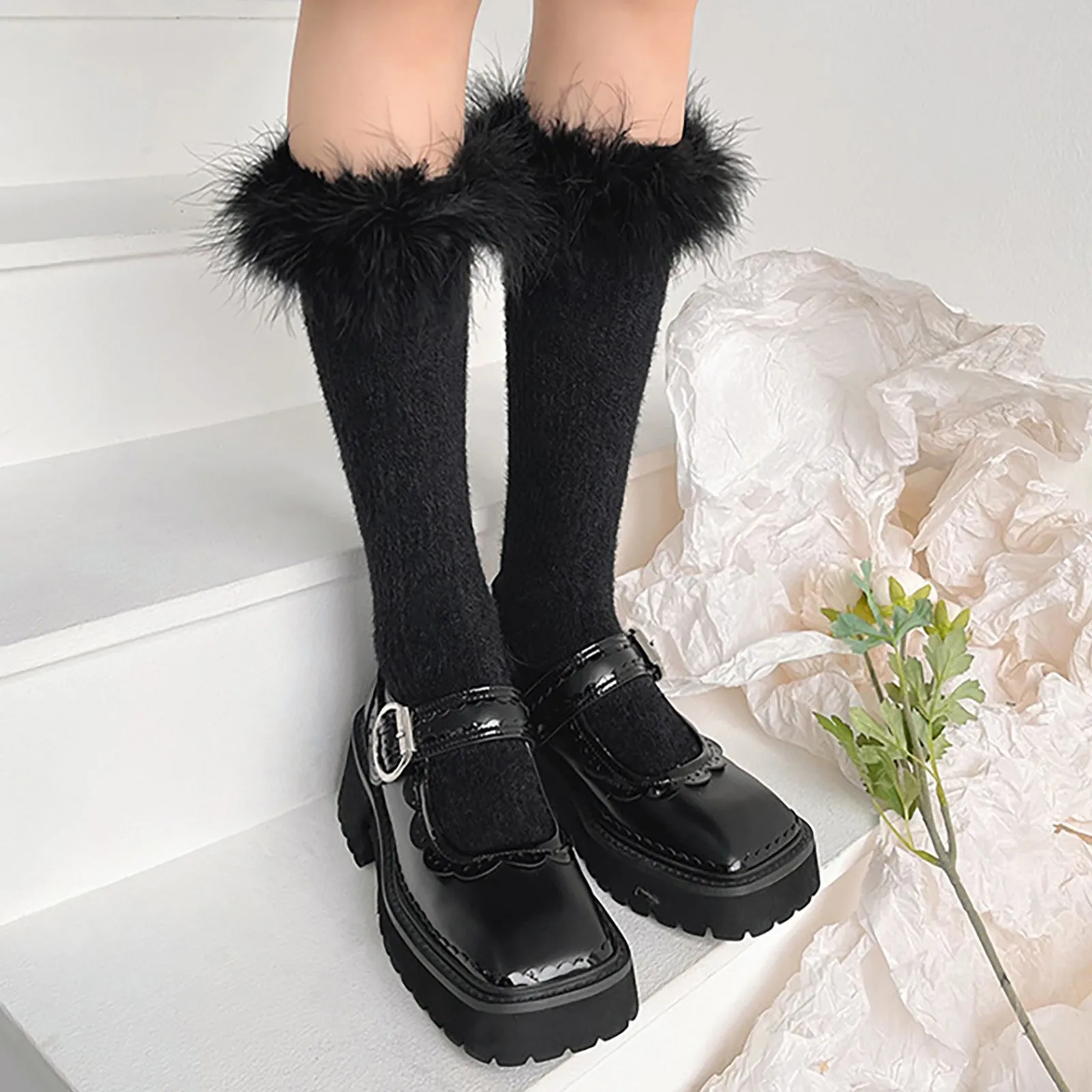 Fashion Women Ostrich Feather Warm Christmas Socks Medium Tube Feather Knee High Home Socking Candy Color Fluffy Sock