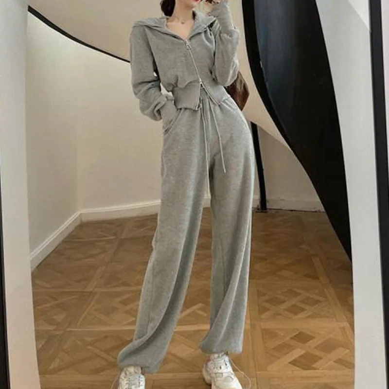 

Sweatpants set winter new loose high-waisted hoodie double zipper trend women's casual hoodie two-piece set