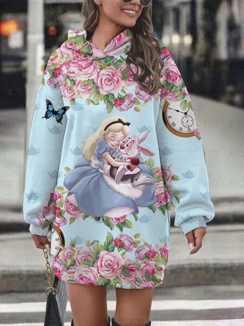 Vestido con capucha de princesa de Disney Alicia en el país de las Maravillas, sudadera, vestido de moda, sudadera, vestido con estampado completo, Sudadera con capucha para mujer