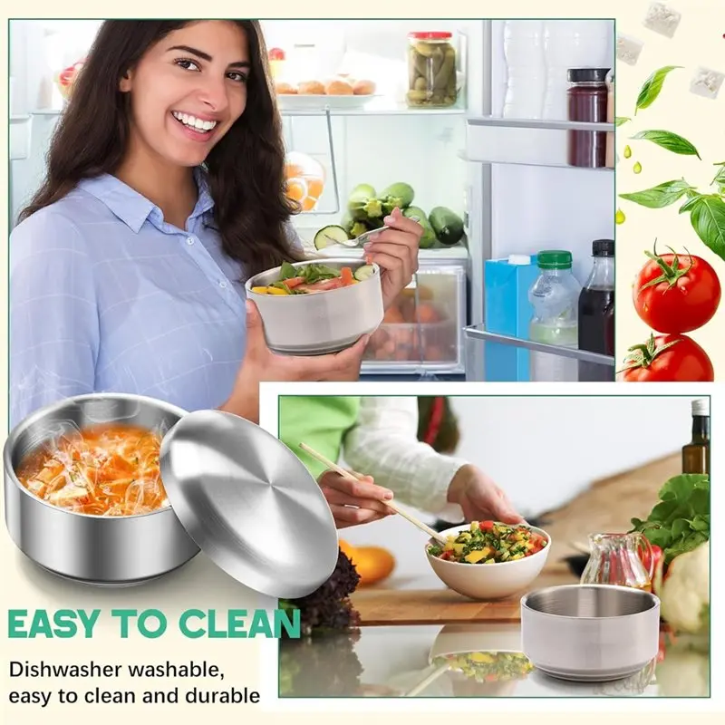 ABDJ-Double-Walled Anti-Scalding 12 Oz Stainless Steel For Cereal Bowl 4Pc Set With Lid For Korean Soup Rice Kitchen Restaurant