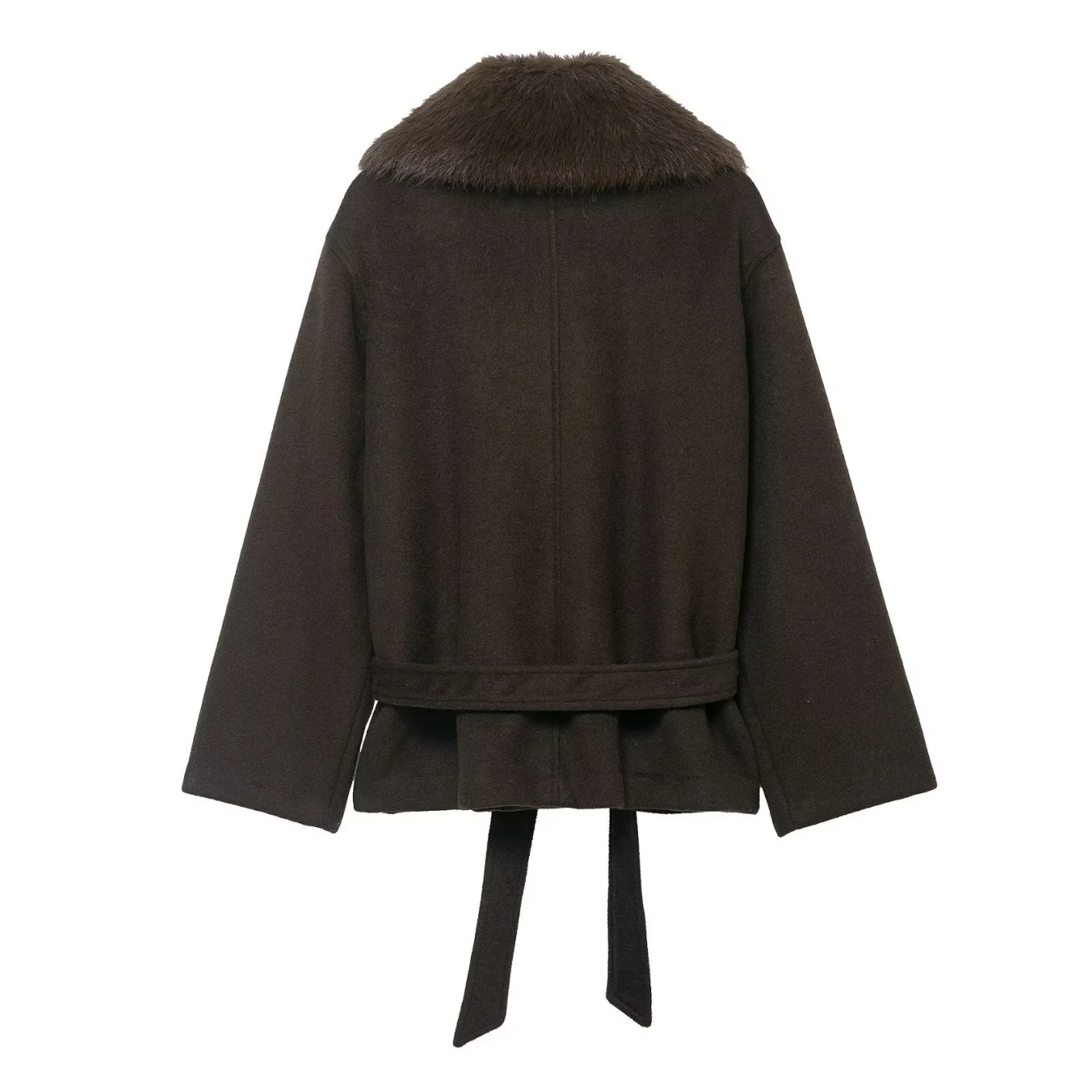 Vrouwen Herfst Winter Warm Losse Faux Bontkraag Jas Met Riem Vrouwelijke Lange Mouw Cropped Jas High Street Retro Elegante Outwea