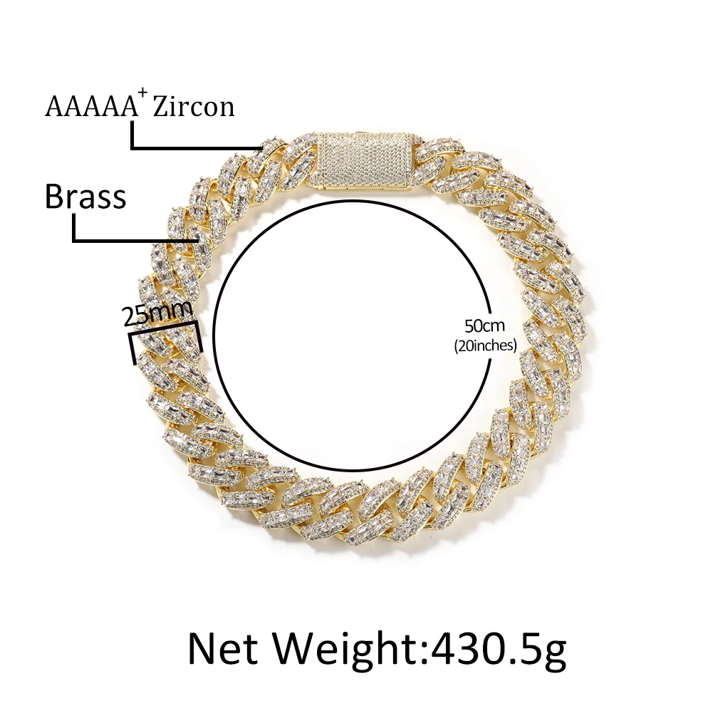 THE BLING KING 25mm Hip Hop Iced Out Baguette Zircon Cuban Chain Necklace, Heavy Chunky Curb Chain Bracelet, Men's Jewelry