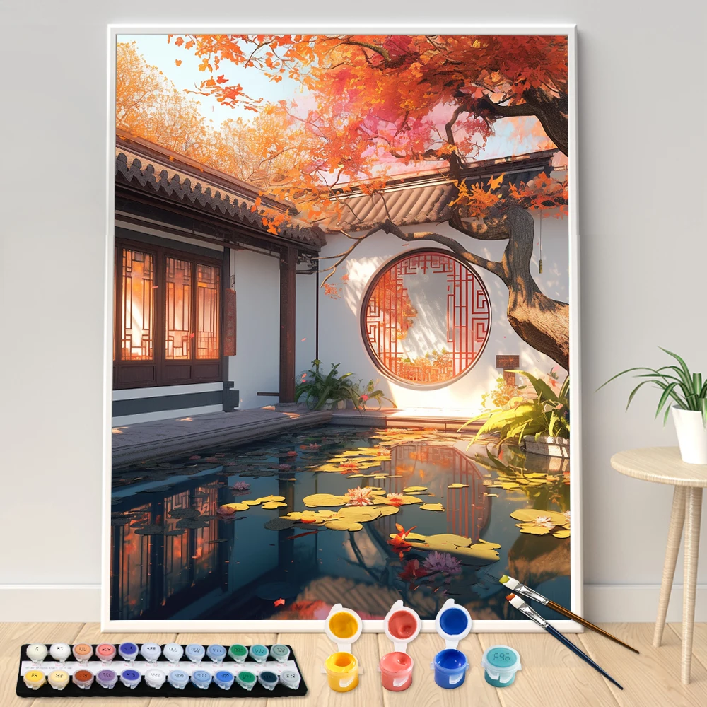 Painting By Numbers Hand Hui-Style Architecture Adult  Kit Seascape DIY Acrylic Paint Canva Artwork Art Gift Home Decorate