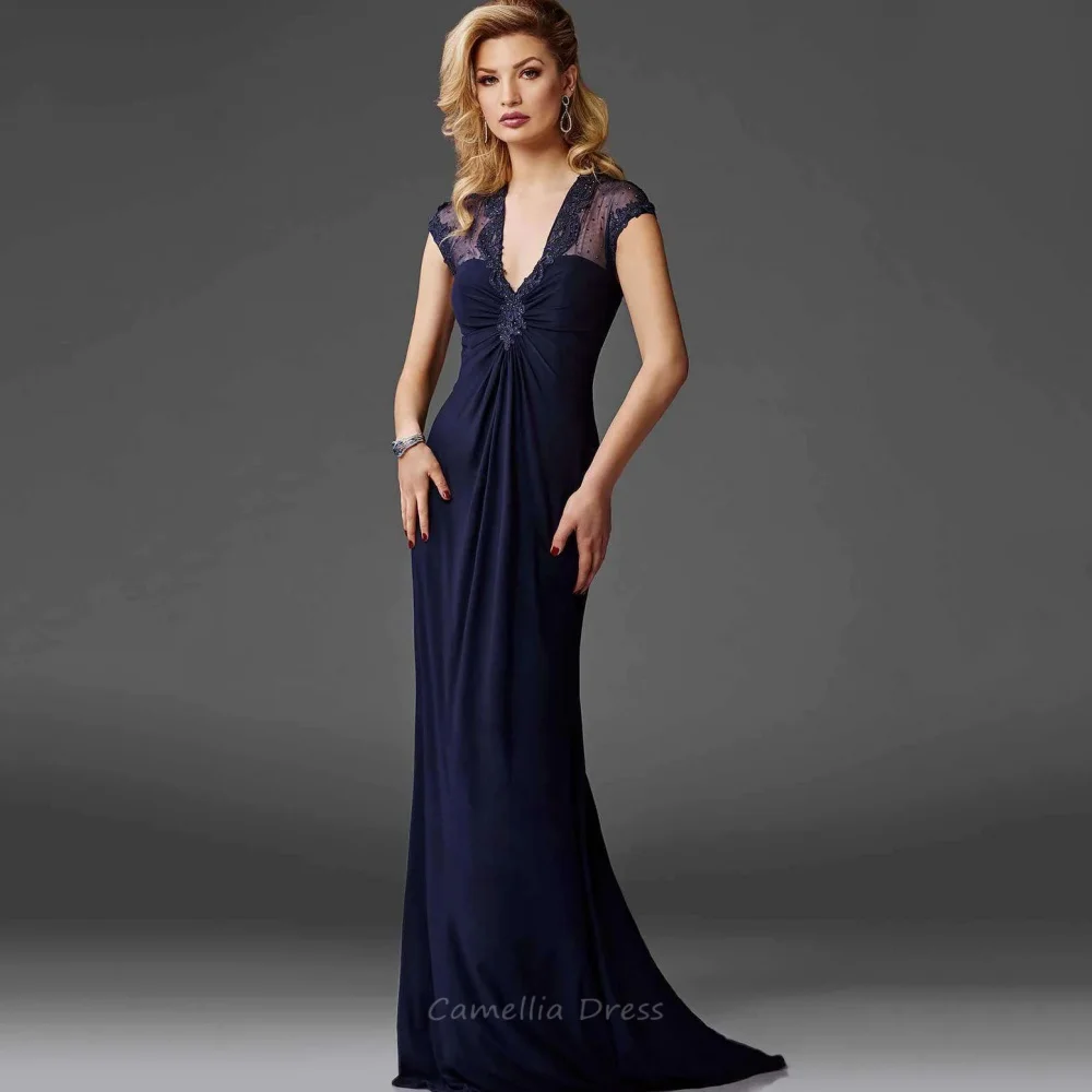 Customized Mother of the Bride Dress V Neck Wedding Guest Gown Vintage Lace Cap Sleeve Evening robe mother of bride