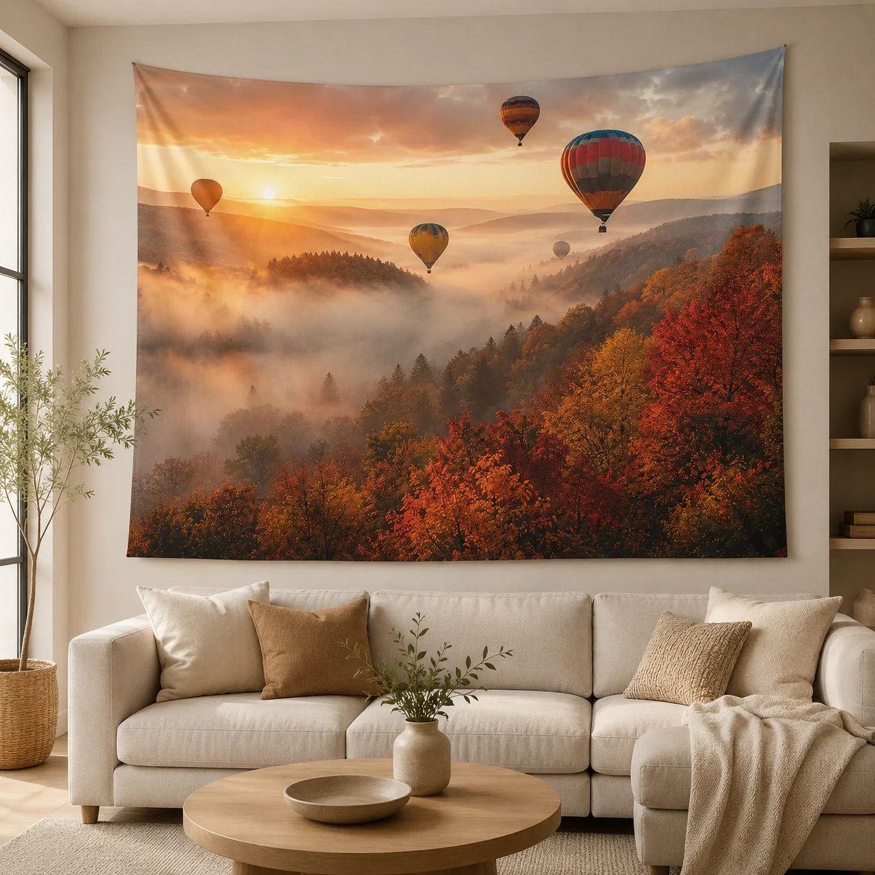 Autumn Forest Hot Air Balloon Tapestry Sunrise Mist Valley Autumn Maple Landscape Wall Hanging, Home Decoration, Birthday Gifts