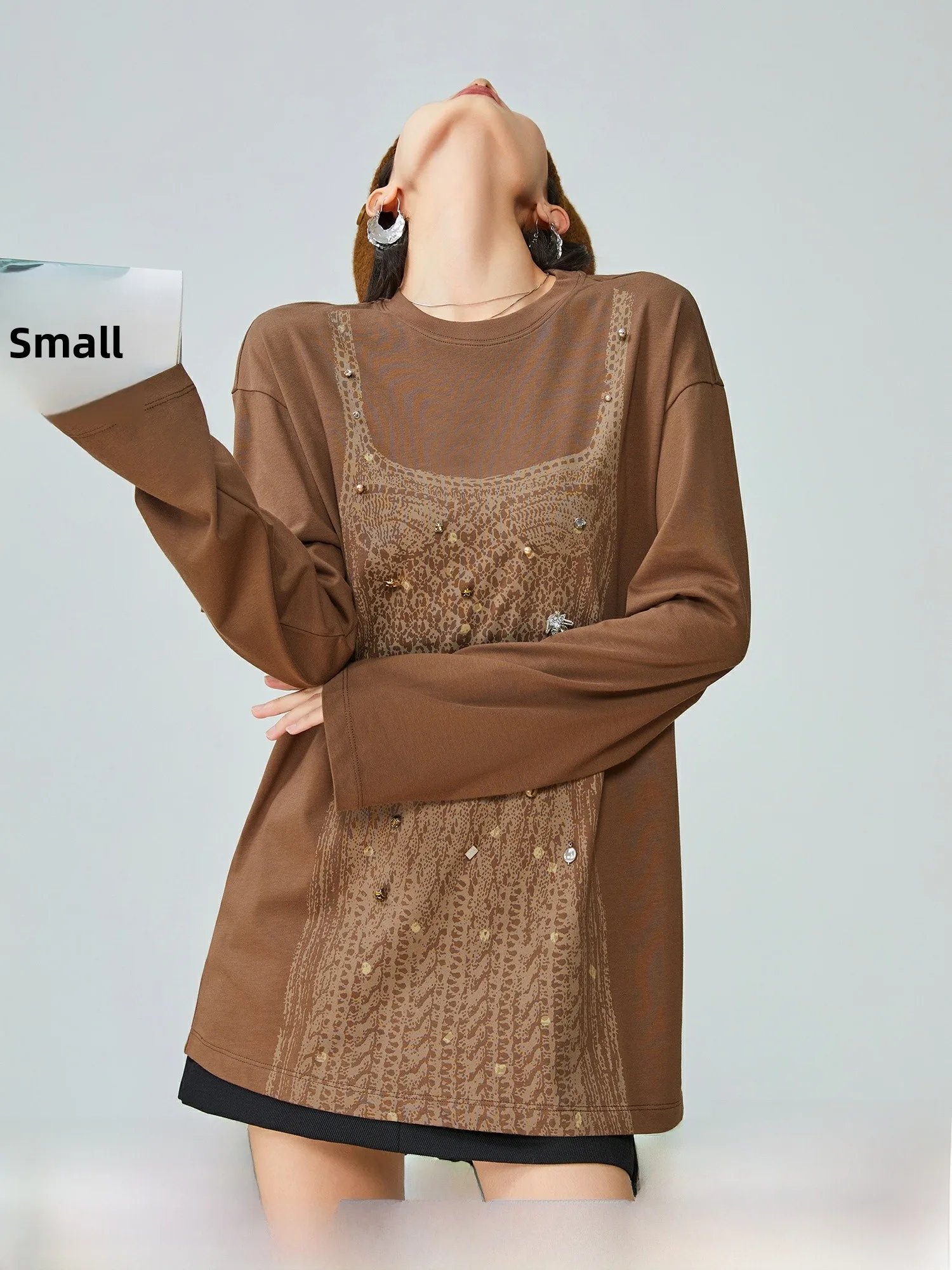 

Chic Long Sve T-irt Women's Loose Korean Sle Brown Rhinestone Print Top Trendy Casual Faion Autumn Polyester Blend