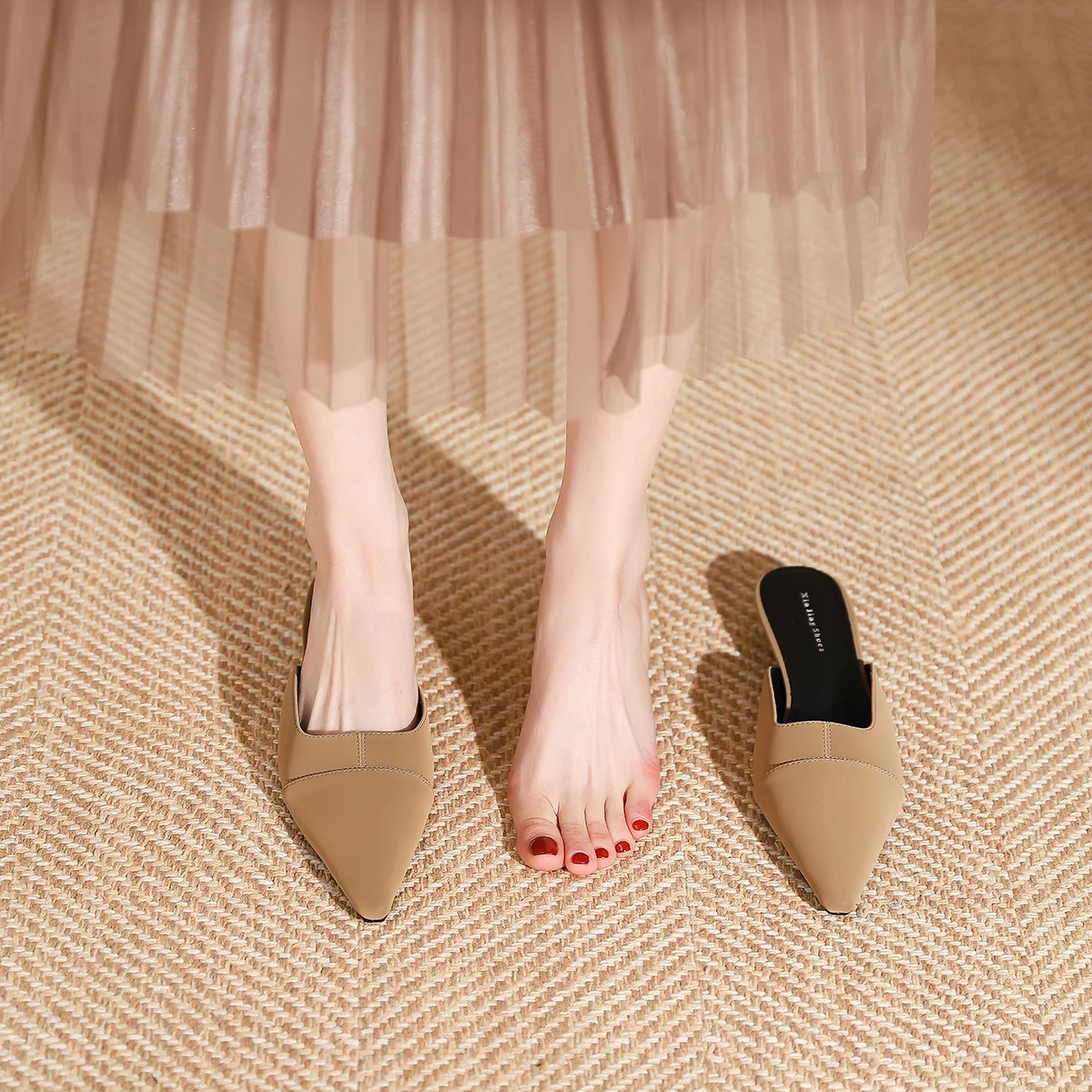 Beige Heeled Sandals Female Shoes Shallow Pointed Toe Low Slippers Flat Black 2025 Soft Lace-Up  Solid Casual PU Retro Rubber Co