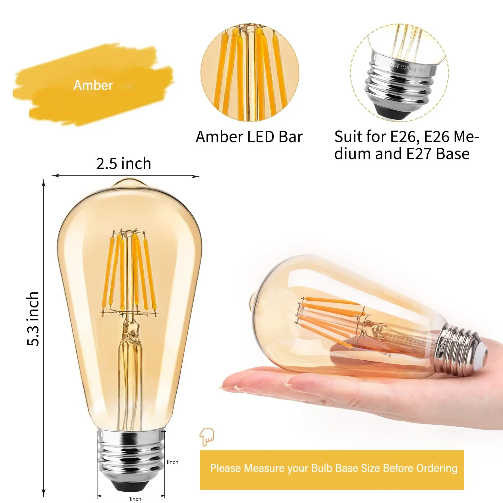 6PCS/LOTS ST64 4W 8W Dimmable Led Bulb Amber Glass E27 Warm White 2700K Filament Light 220V Design Energy Saving 360 Degree Lamp