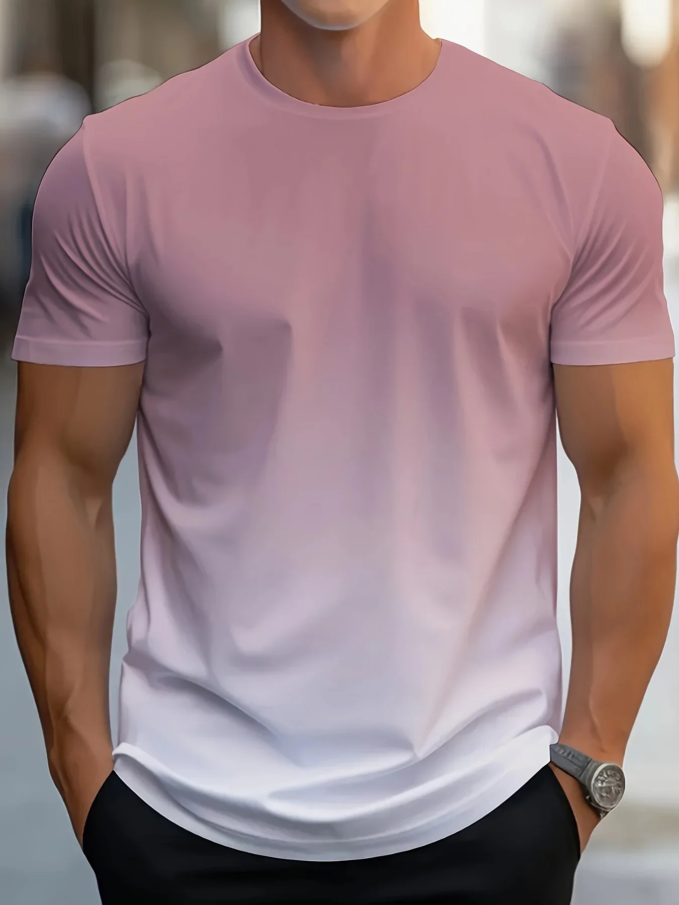 Men's Gradient Color Pattern T-shirt Casual Breathable Collar Short Sleeved T-shirt Suitable for Outdoor Activities, Summer Over