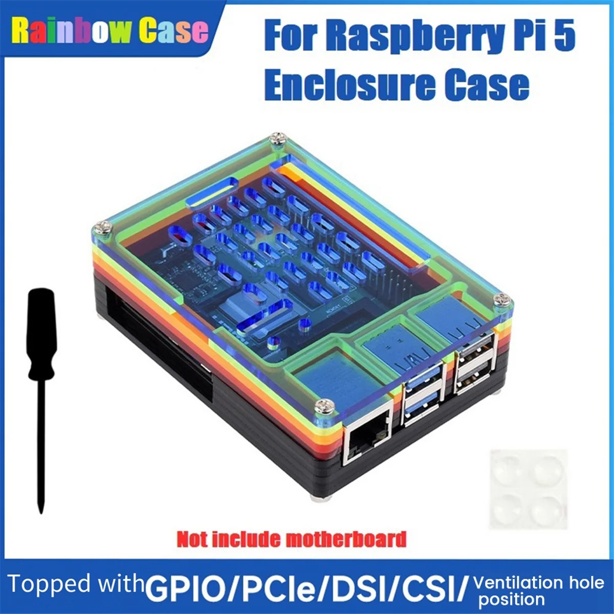 Carcasa transparente arcoíris para Raspberry Pi 5, funda protectora GPIO PCIe DSI CSI