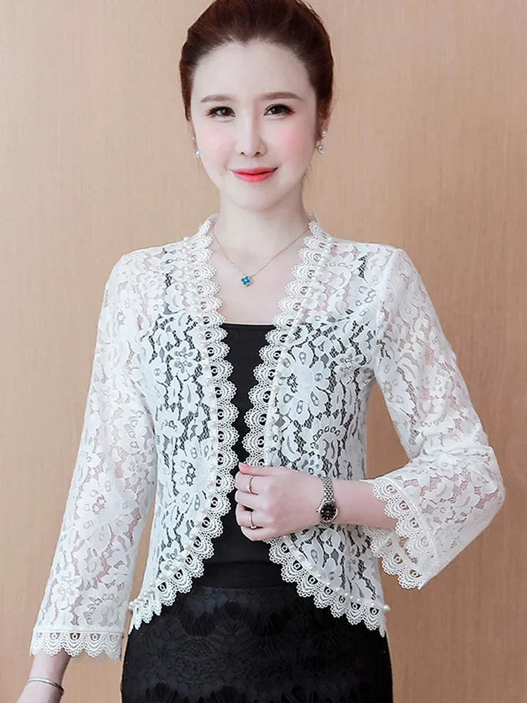 

Long Sleeve Women Jacket Black White Beading Hollow Lace Cardigan Jacket Clothes Coat Jackets for Women V1492