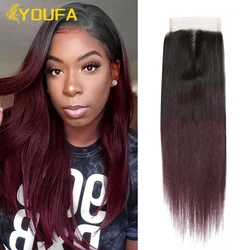 YOUFA 1B 99J 4x4 Swiss Lace Closure With Baby Hair 1 Pc 100% Human Hair Closure Ombre Dark Burgundy Transparent Lace Closures