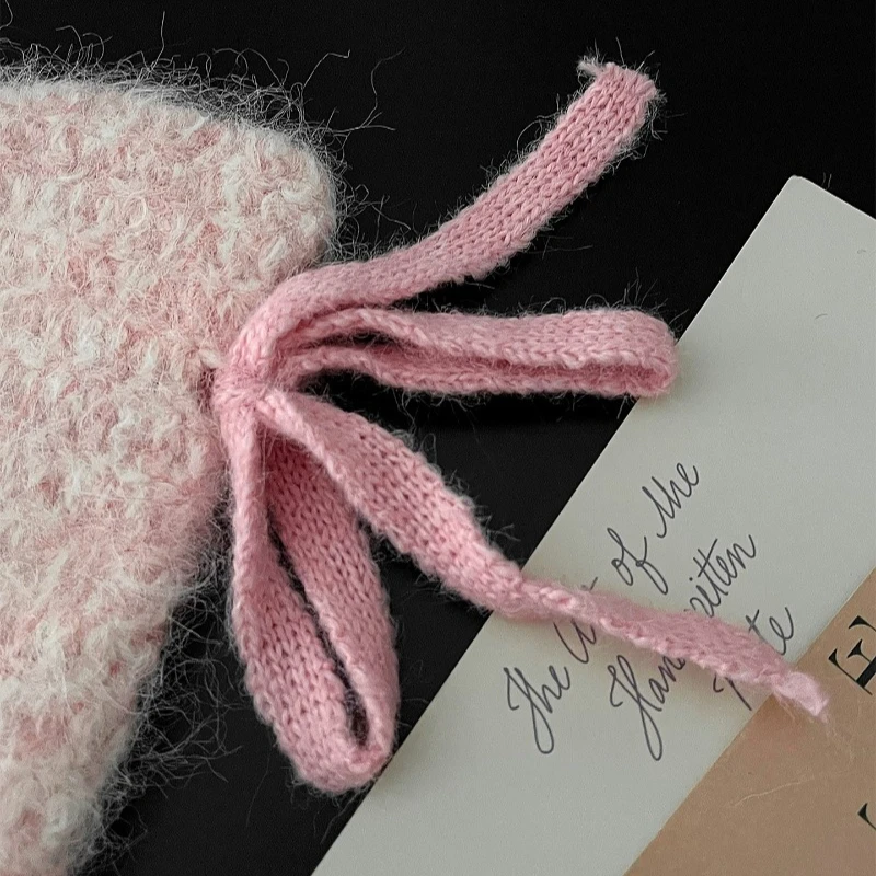Koreanische süße Plüsch-Katzenohren-Mütze mit Schleife, Damen-Herbst- und Winter-Strickmütze, vielseitig einsetzbar, Ohrenschutz, Skull-Beanie-Mütze – Detail 4
