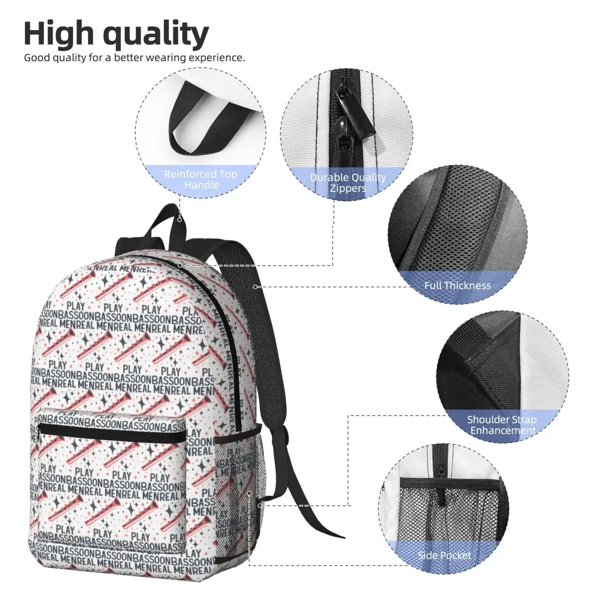 Design Virtuoso Real Men Playing Bassoon Backpack Student BookBag Kids School Bag Laptop Shoulder Bags for Men Women