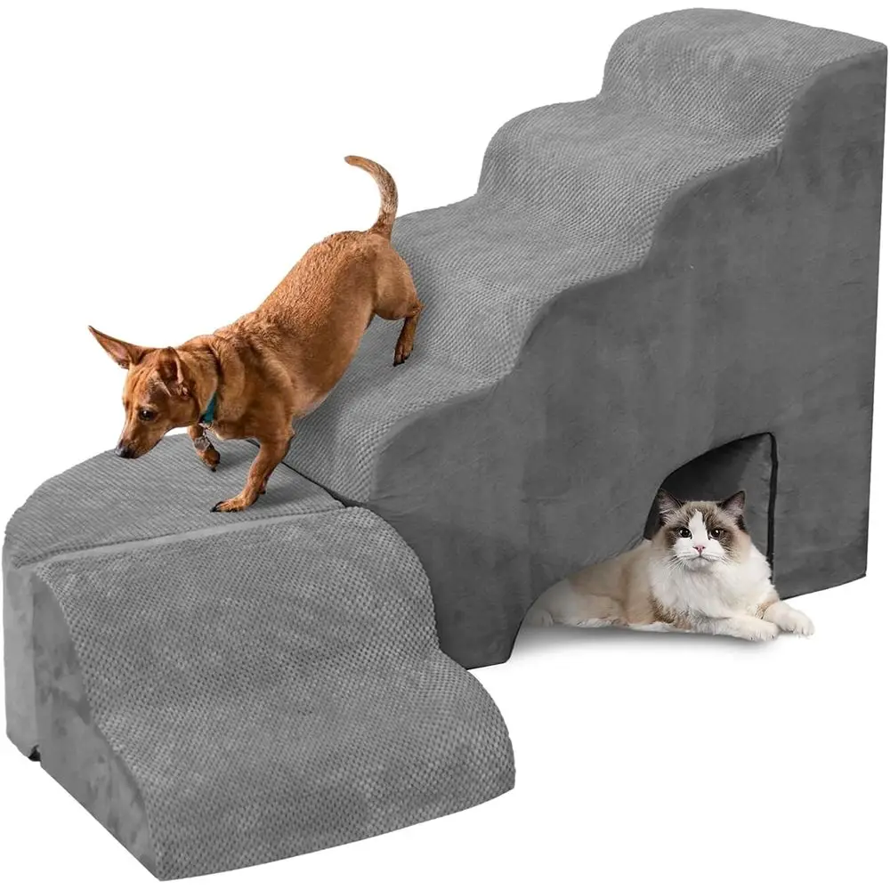 منحدر درج الحيوانات الأليفة للكلاب الصغيرة: سهل الوصول إلى أسرة عالية، غطاء قابل للإزالة، خطوات إسفنجية متينة للحيوانات الأليفة المتوسطة والكبيرة