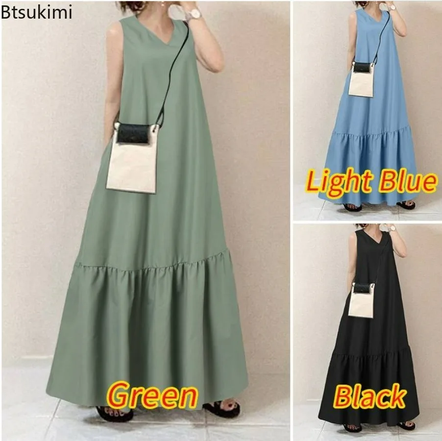 

2025 Summer Fashion Solid Casual Long Dresses for Women Loose V-neck Sleeveless Splice Maxi Dress Females A-line Pocket Vestidos