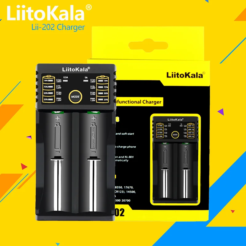 Carregador de Bateria Inteligente LiitoKala Lii-202 Lii-402 Lii-500 para Baterias Recarregáveis 18650 21700 26650 Li-ion LiFePO4 Ni-MH AA AAA