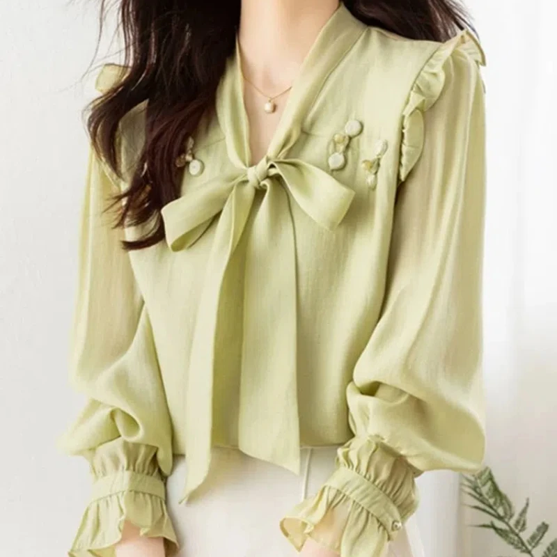 Butterfly Knot Long Sleeved Chiffon Shirt for Women New High-end and Chic Youthful and Stylish Small Shirt