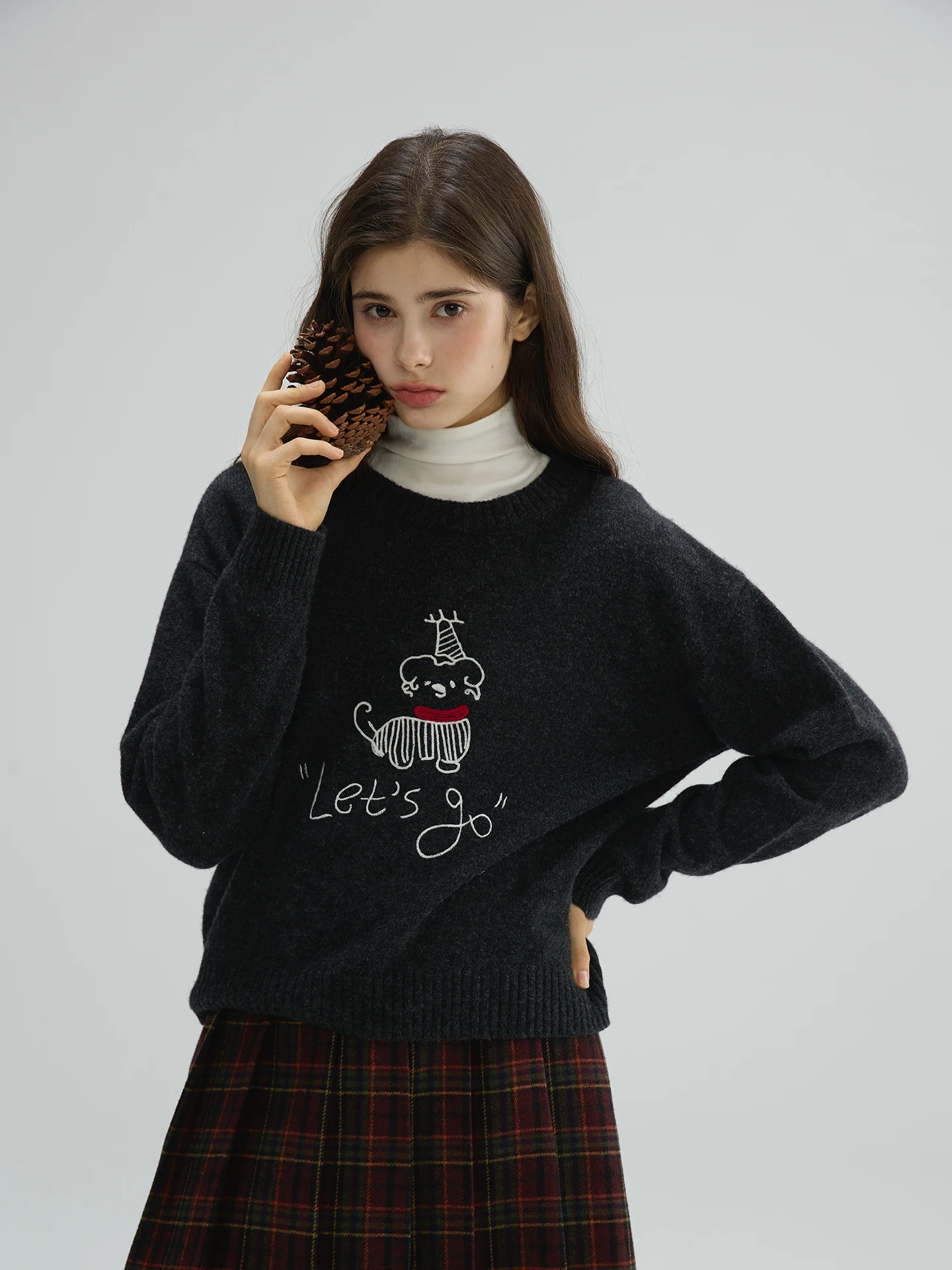 

Willbewell Autumn Winter New Sle Soft Plu Pure Wool 3D Embroidered Fun Little Dog Sweatirt Women's Overhead Knitwear