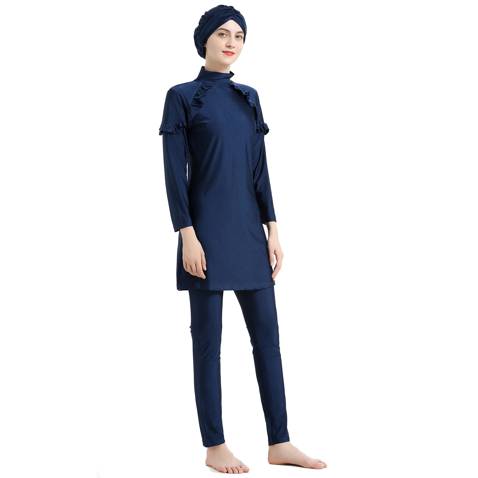 2026 New 3Pcs Ruffle Muslim Burkini Set Solid Navy Long Sleeve Full Coverage Modest Islamic Swimwear With Hijab Leggings