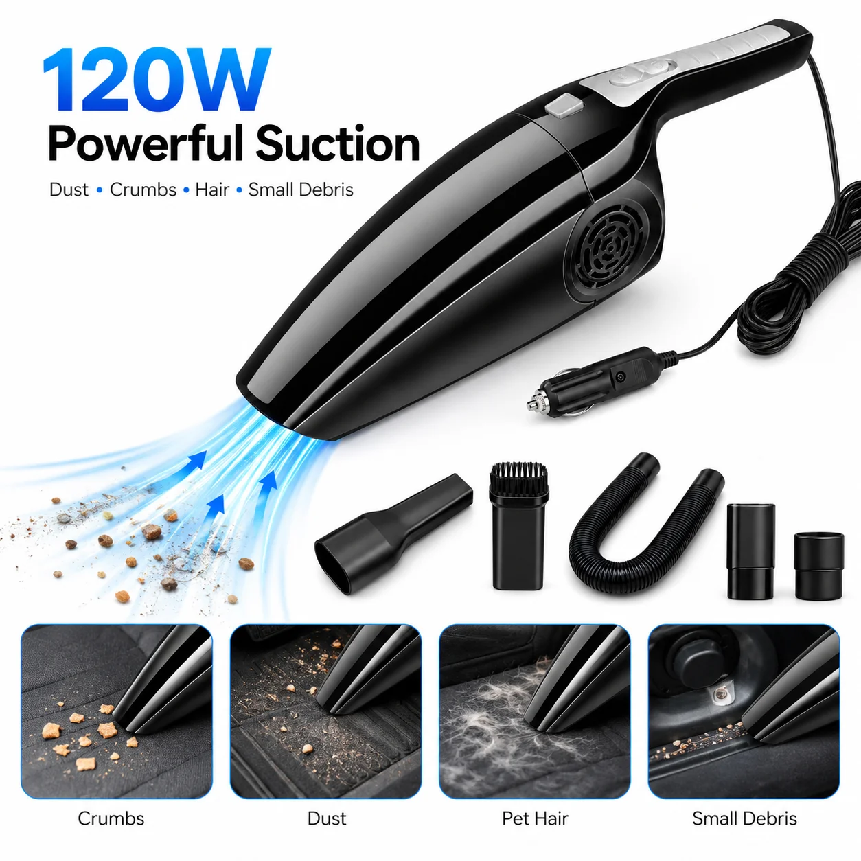 Car Vacuum Cleaner 12V 120W Wet Dry Portable Handheld Auto Vacuum 4M Cord Cigarette Lighter Hose Brush Crevice Nozzle