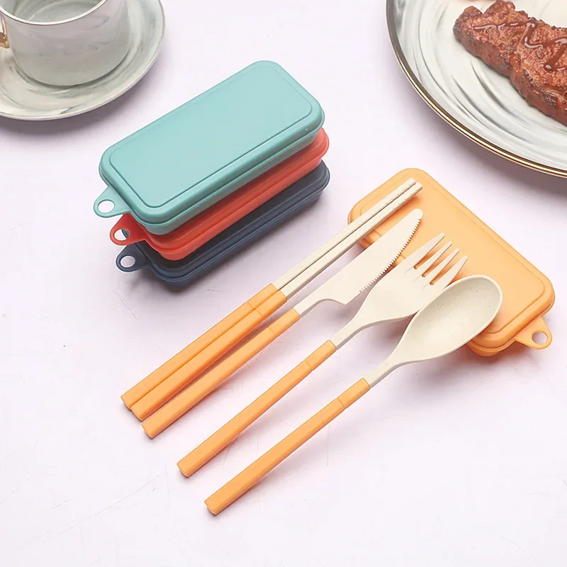 4Pcs Wheat Straw Dinnerware Set Portable Tableware Knife Fork Spoon Chopsticks Set Travel Cutlery Eco-Friendly Utensil Box