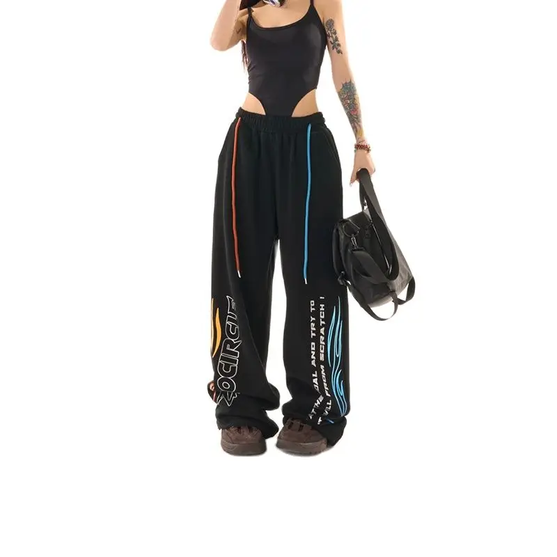 Women's Black Wide Leg Retro Street Dance Jazz Sweatpants Spicy Girl Design Loose Straight Leg Casual Pants Printed Letter Pants