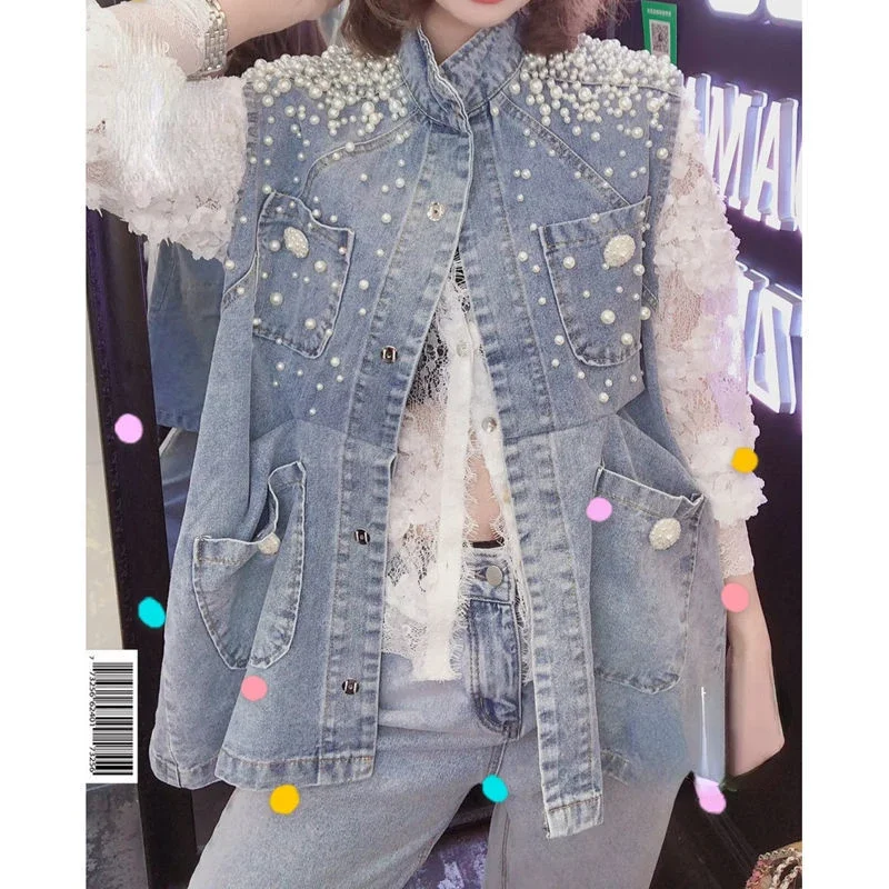 

Luxury Pearl Women's Denim Tank Top Jeans Vest Denim Waistcoat Trendy Cardigan Jacket Loose Plus Size Pearl Button Vest Designer