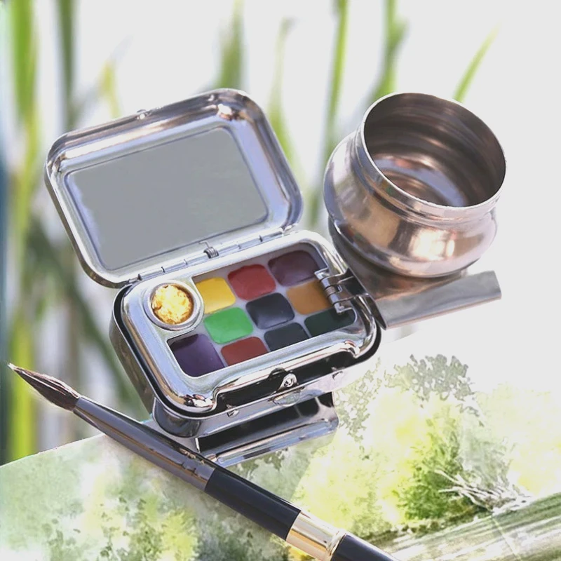 10/16 Grid Mini Solid Watercolor Pigment Box Metal Rinse Pen Cup Portable Palette Hand-painted Storage Palette Art Tool Set