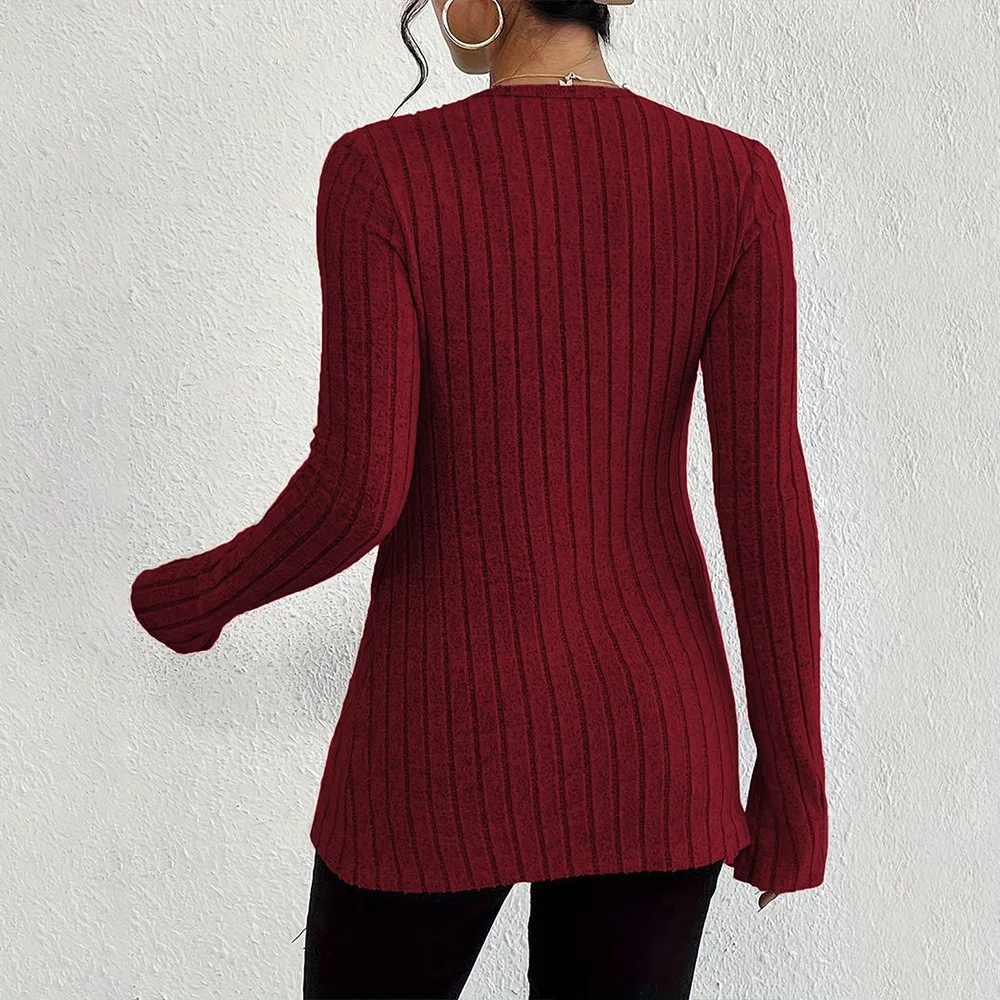 Women's Knitted Sweater French Sexy Style V-neck Long Sleeved Crop Top with Exposed Navel Design