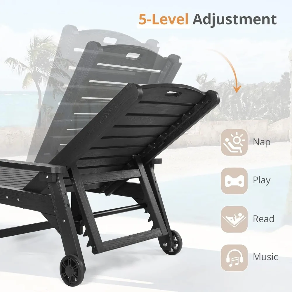 Outdoor Chaise Lounge Chairs Set of 2, 79'' Oversized HDPS Chaise Lounger, 5 Positions Adjustable Lounge Chairs, Pool L|
