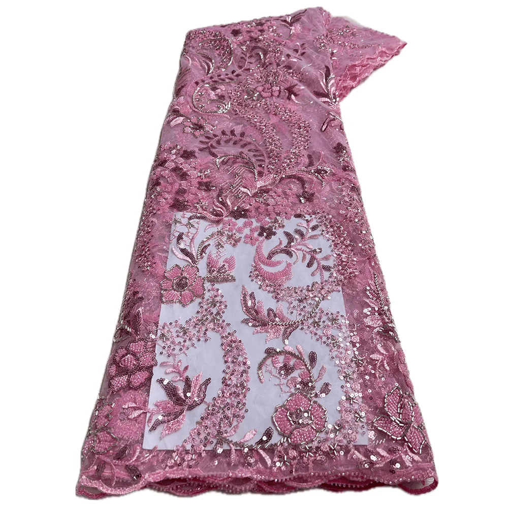 

Pink Nigerian Lace Fabrics Fashion Women African Tull Lace Luxury Handmade Bead sequins Fabrics For Wedding 5Yards