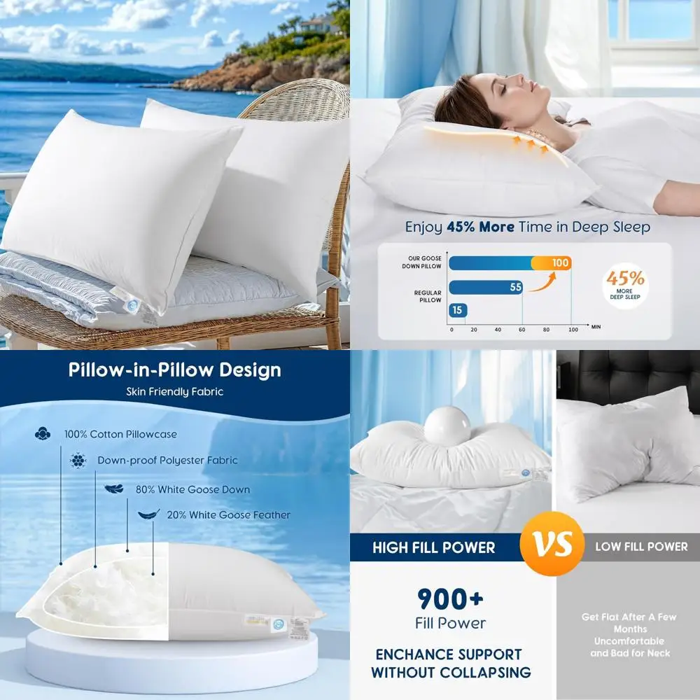 

Подушка White Goose Down 900 Fill Power 80% Пух 100% хлопок Подушки для кровати размера «queen-size» для сбалансированного комфорта и поддержки