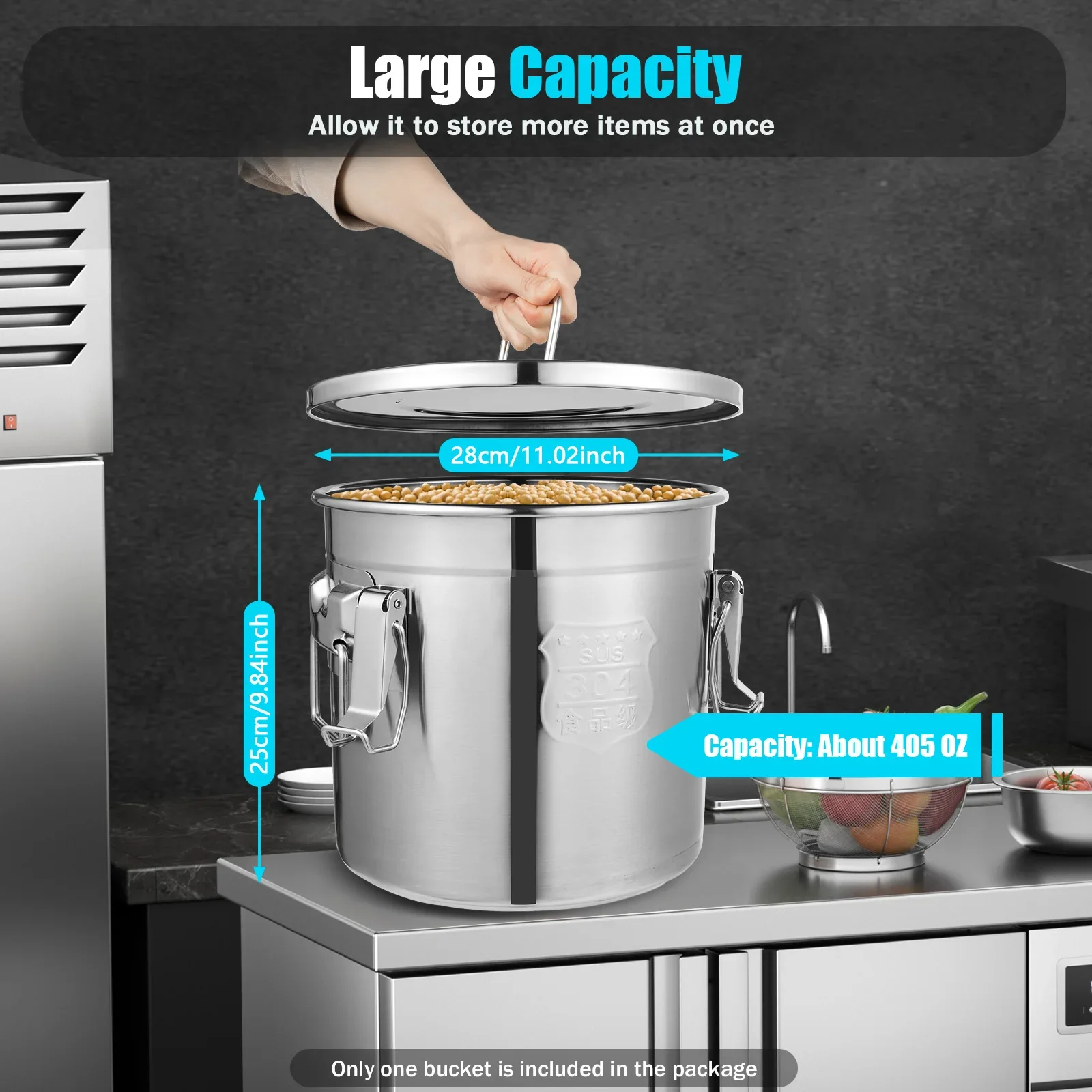 Airtight Stainless Steel Canister - 32 Gal Storage Container with Locking Clamp for Rice Flour Grains