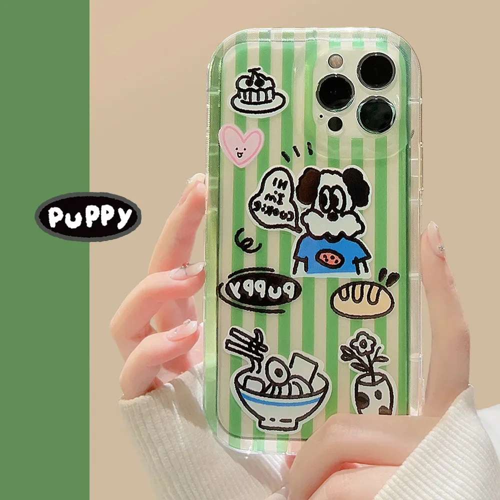 Retro green striped picnic puppy transparent Phone Case For iPhone 14 13 12 11 Pro Max 14 Plus Case Cute Cartoon art Soft Cover