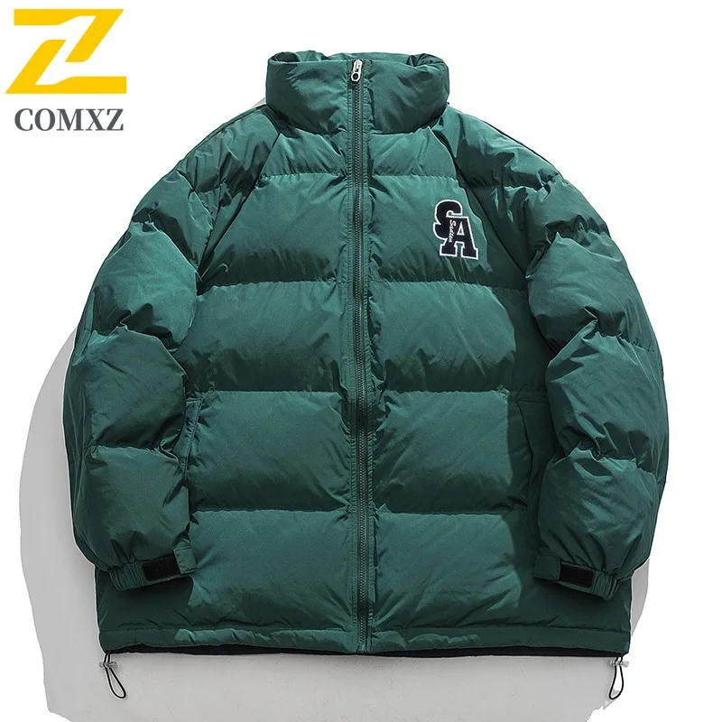 COMXZ スタンドカラーパッド入りメンズ冬新作ストリートウェアレターパッチ刺繍厚手暖かい防寒綿軽量ウインドブレーカー
