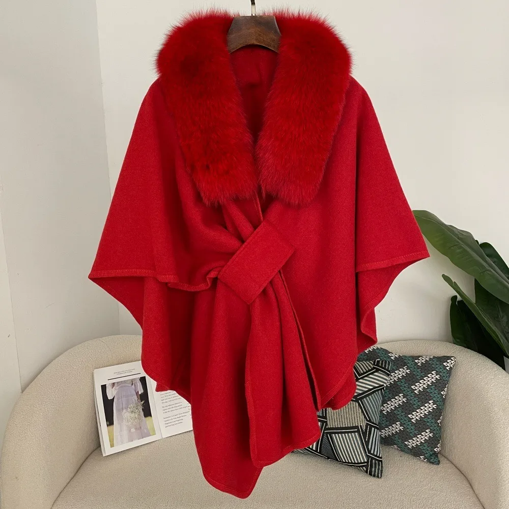 Hot-selling Fashion Autumn And Winter New Style Real Fox Fur Collar Cloak Shawl Loose Knitted Cardigan Woolen Jacket