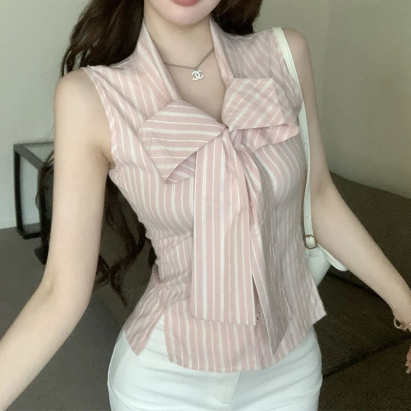 Summer New Polka Dot Sleeveless Sexy Blouse Lacing Patchwork Slim Striped Fashion Short Shirt Tops Y2K Sweet Trend Women Clothes