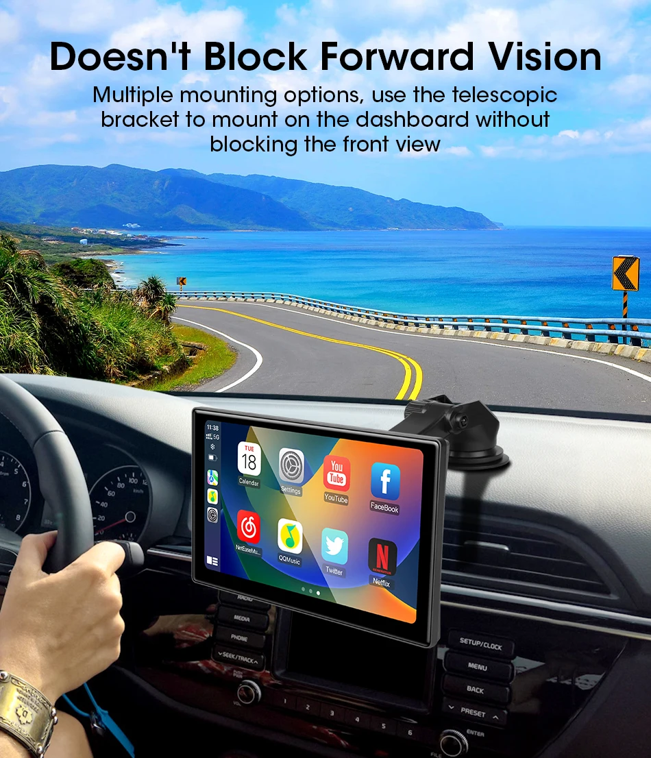 Srnubi Universal 7"9"10" Zoll Auto Wireless Carplay & Android Auto Navigation Rückspiegel FM AUX Multimedia Touchscreen Monitor – Detail 7
