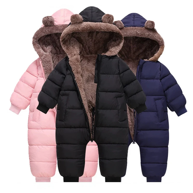 Autumn Winter Newborn Boys Girls Rompers Fleece-lined Zipper Keep Warm Hooded Bodysuits For Baby Kids Children Birthday Present