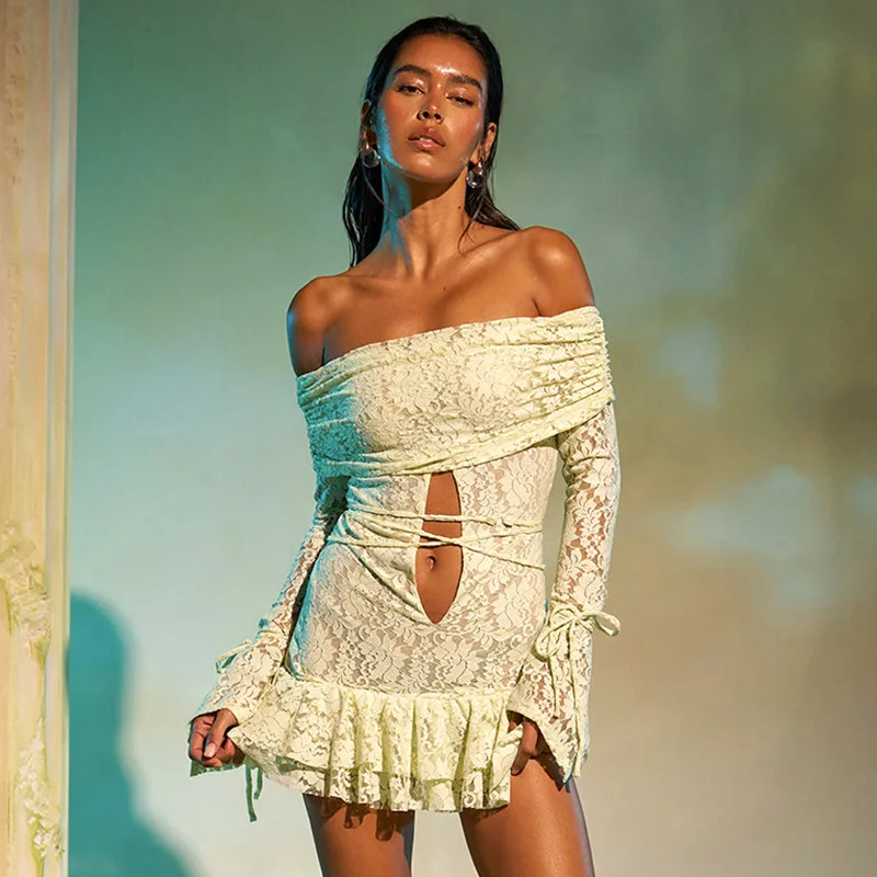 Europeu e americano feminino outono nova cor sólida sexy gaze palavra colarinho perspectiva manga longa cinta vestido