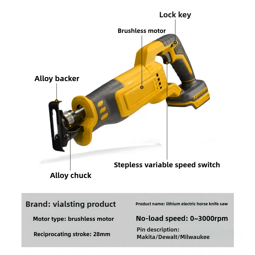 VILASTING Brushless Reciprocating Saw High-Power Electric Cutting Saw Handheld Multifunctional Household for Dewalt 18V Battery