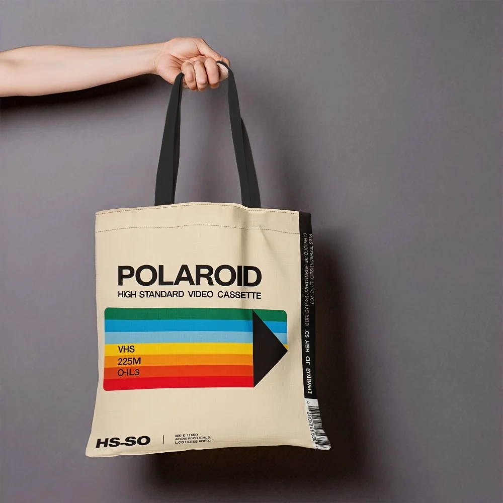 1pc Retro VHS Polaroid Pattern Tote Bag - Durable Polyester Reusable Grocery Bag, for Shopping,Casual Use - Easter, Ramadan