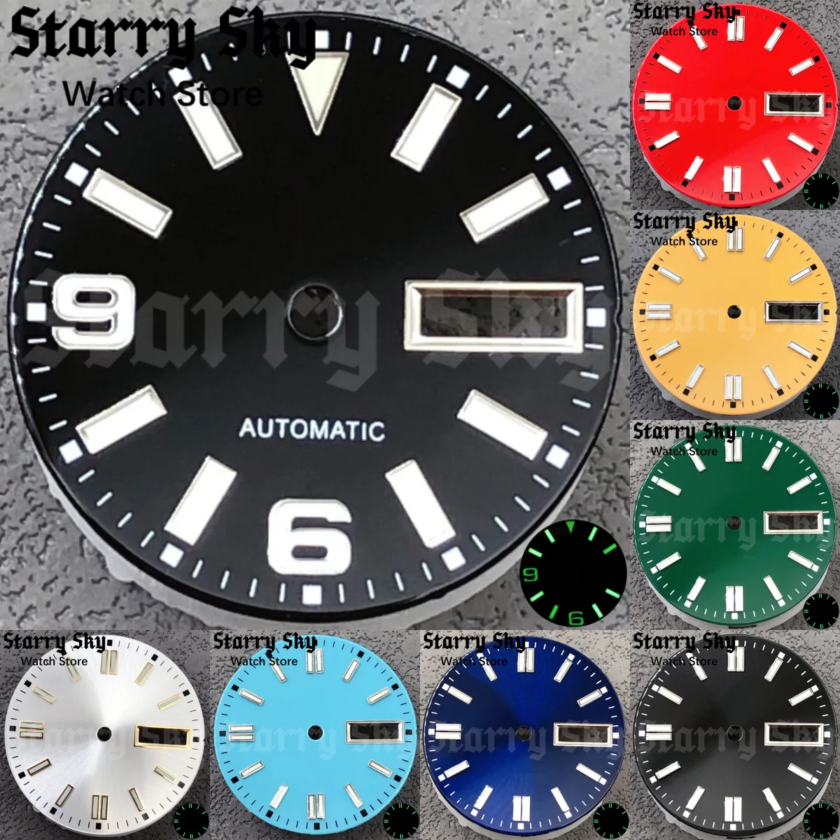 Starry Sky 29mm Red/Yellow/Green/Blue/Black/White Glossy Double Date Watch Dial With Green Luminous Fits NH36 Automatic Movement