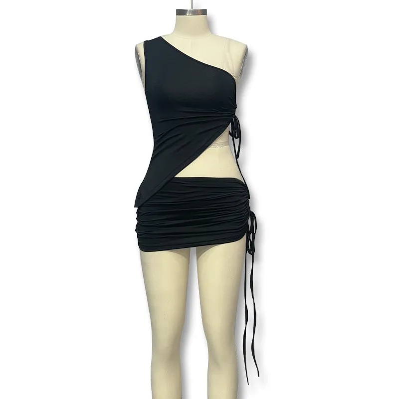 2 Pieces Set For Woman Dress Off Shoulder Ruched Skirt Dresses Summer Mini Dress Black Crop Top Dress White Side Cut Out