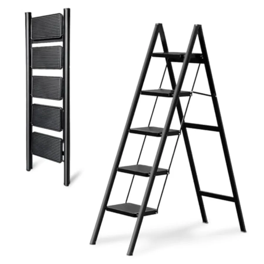 

5-Step Folding Ladder for Home Use, Heavy-Duty Step Ladder with Anti-Slip Wide Steps, Portable Foldable Ladder, 330 lbs Load Ca