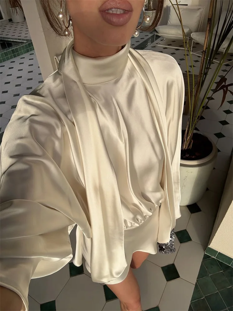 

Tossy Elegant Tee Bow Lace-Up Mini Dress Women's Slim Satin Spring 2026 New Commute Pleated Dress White Female Bodycon Dress